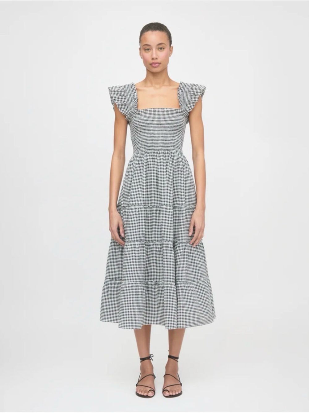Hill House Black & White Gingham Smocked Midi Dress with Ruffled Shoulders